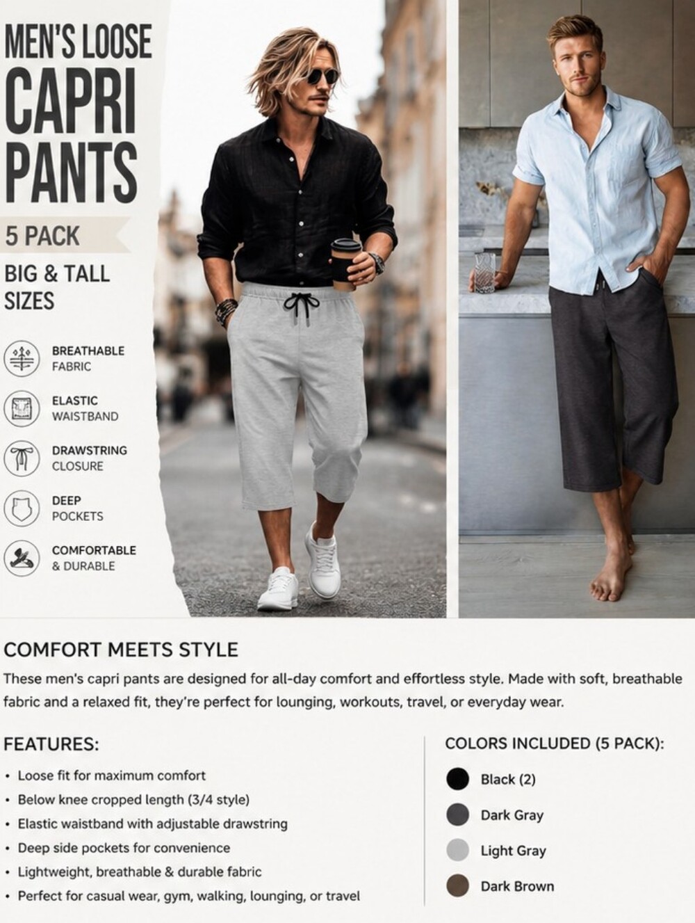 Men’s Capri Pants / Cropped Sweatpants – XL Only – Multiple Colors Available